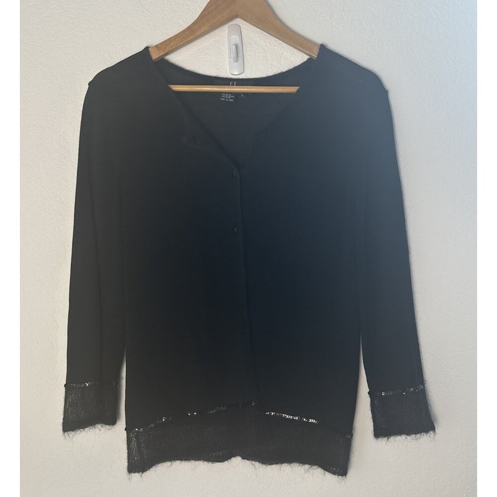 Vtg Carole Little Knitwear Cardigan Sweater Womens L Black Mohair Trim Old Money